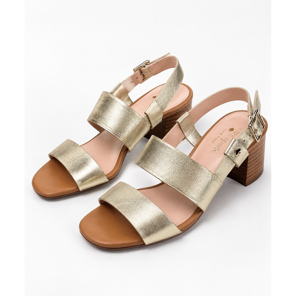 Kate Spade New York Metallic Gold Leather Slingback Block Heel Sandals Size 6.5